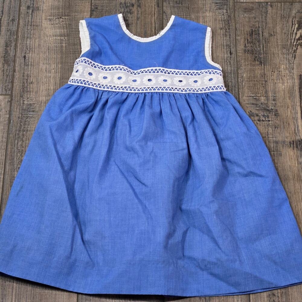 Amaia Dress Cotton Blue White Floral Lace Ribbon Bow Sleeveless Spanish 4T‎